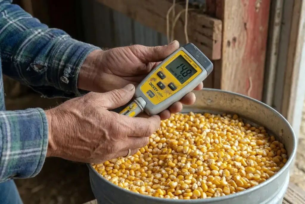Farmer testing corn moisture with handheld grain tester