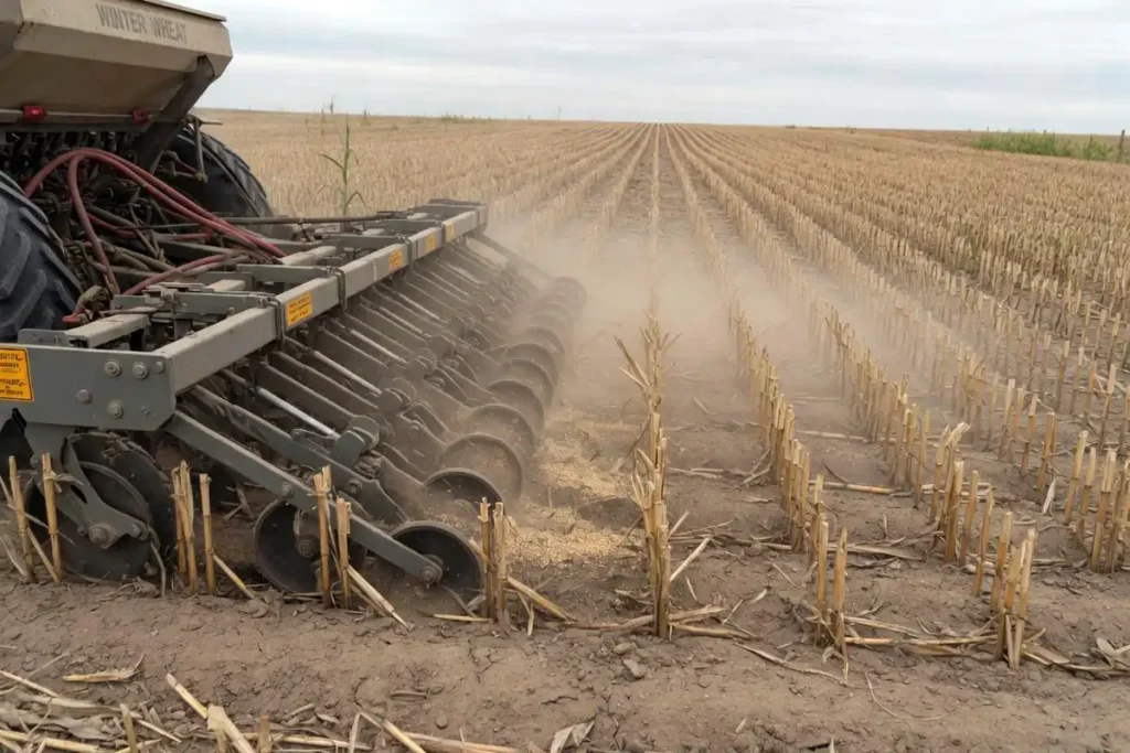 Grain drill planting winter wheat into standing corn stubble on a great plains field