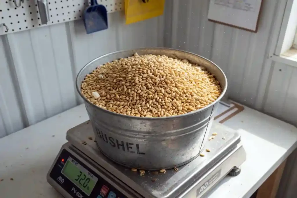 Bushel basket of oats weighed on scale at 32 pounds