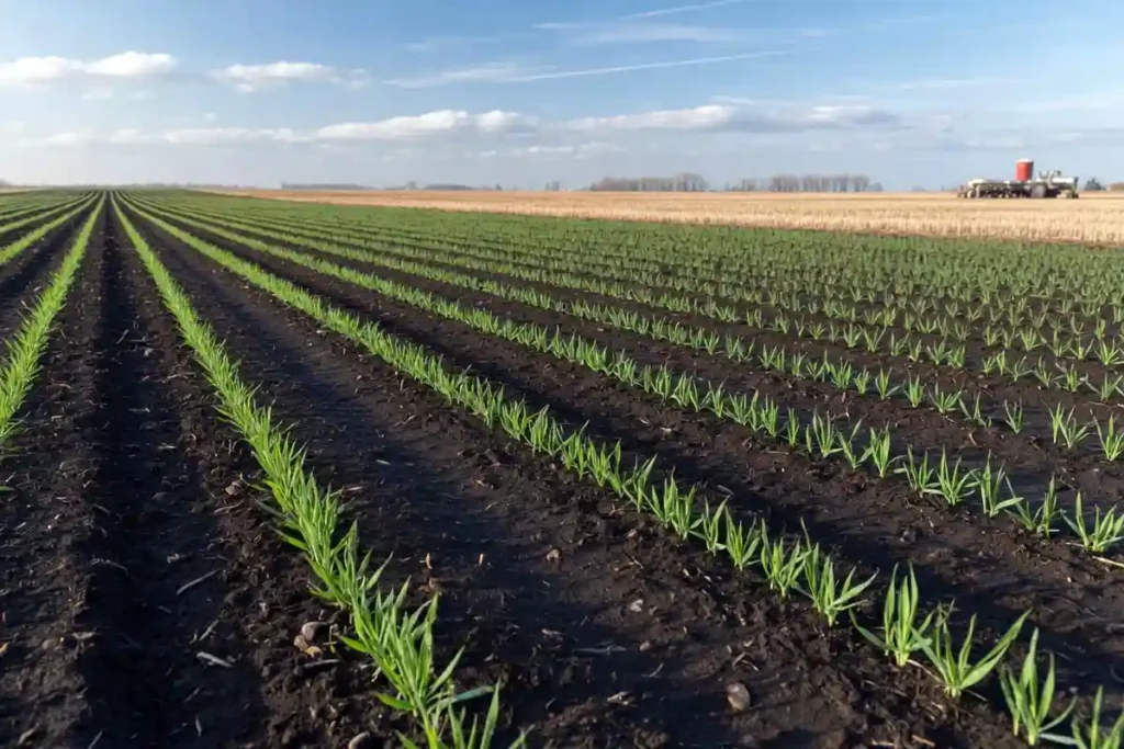 Young oat plants emerging in neat rows in farm field
