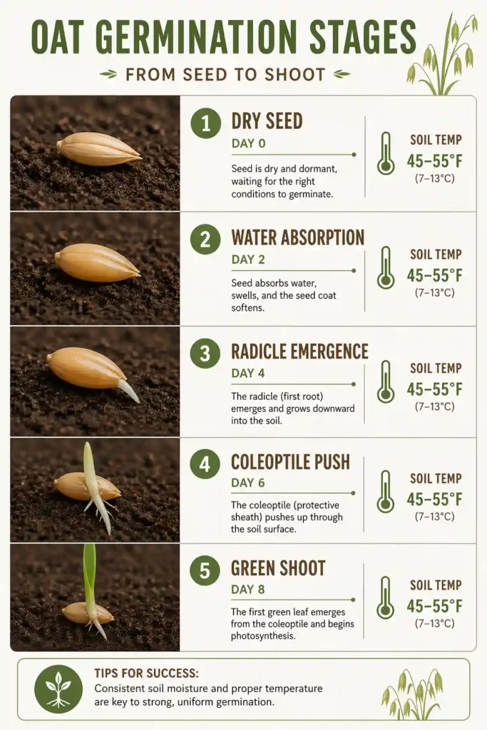 Oat seed germination stages from day 1 to day 10