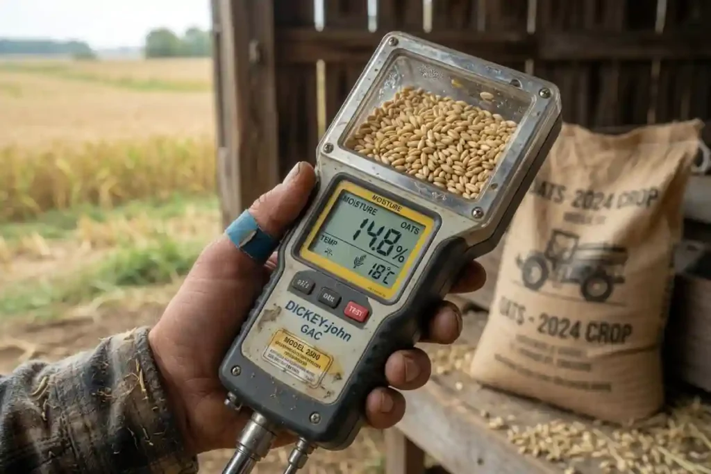 Handheld moisture meter testing oat grain sample