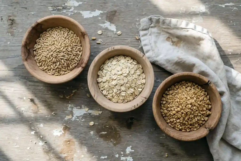 Three types of oats in wooden bowls on a table