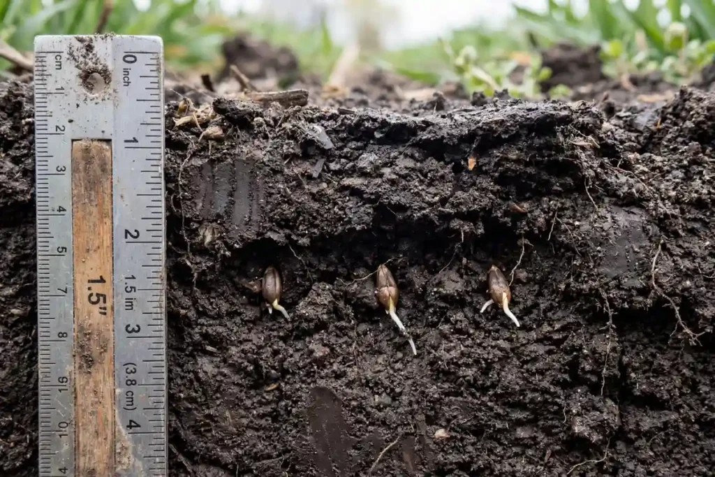 Oat seeds planted at correct depth in prepared seedbed