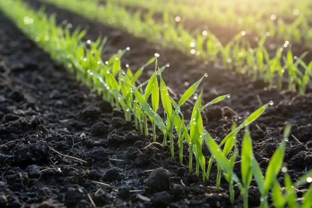Young oat seedlings sprouting in neat rows after planting
