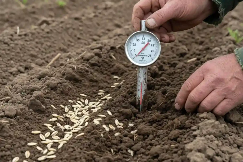 Farmer checking soil temperature before planting oats
