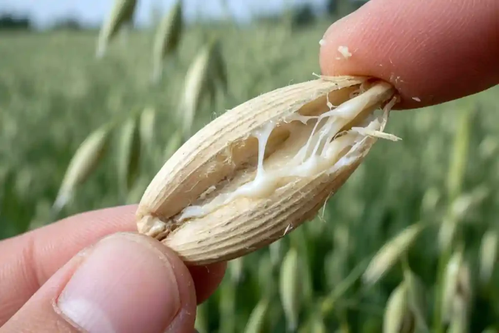 Oat kernel squeezed between fingers showing milky dough stage