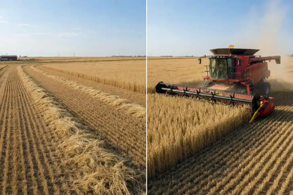 Swathed oat windrow next to combine harvesting