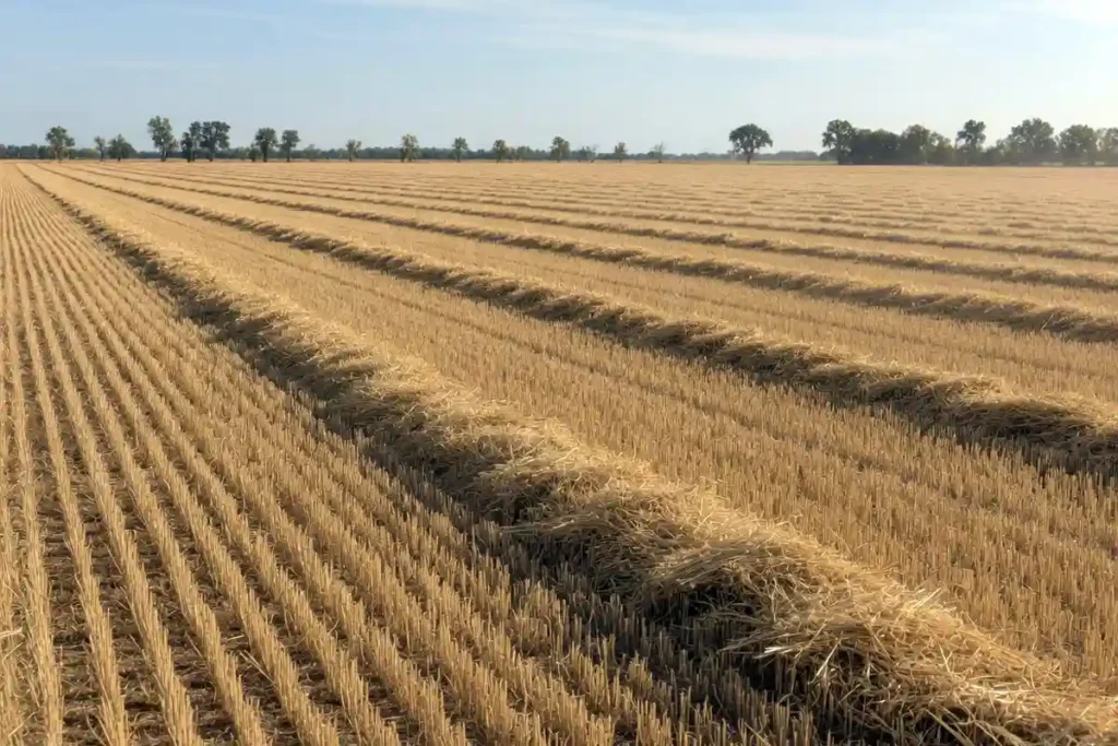 Swathed oat windrow drying in the field