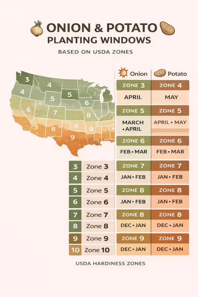Onion and potato planting dates by USDA zone