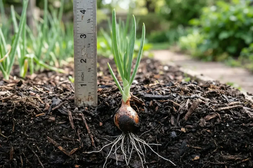 Onion transplant set one inch deep in garden soil