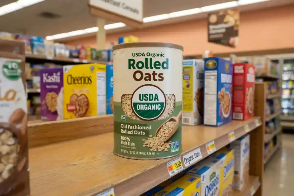 Organic rolled oats package on a grocery store shelf