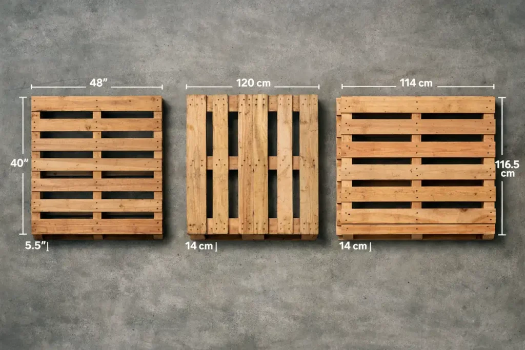 Three pallet sizes side by side with dimensions labeled