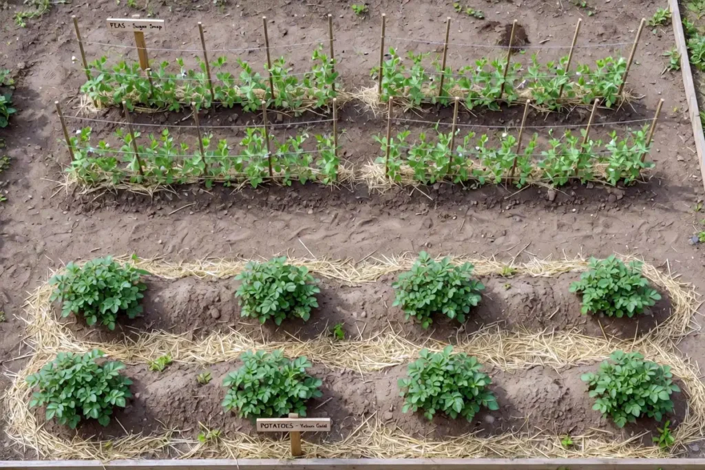 Garden bed layout showing pea rows next to potato rows with spacing