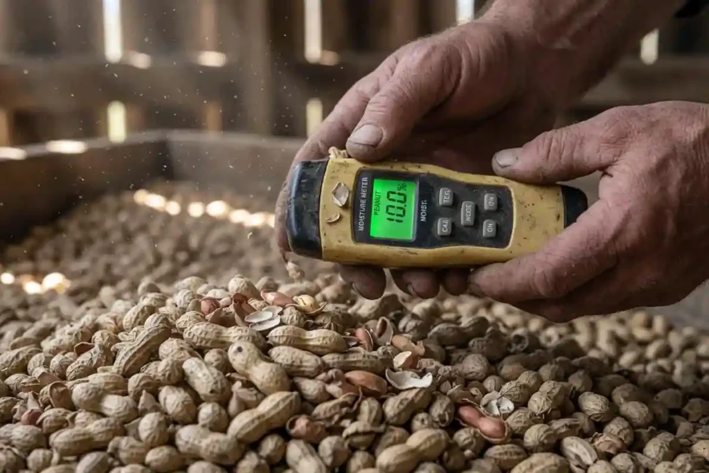 Handheld grain moisture tester checking peanut moisture