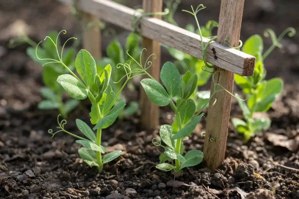 Young pea plants climbing a short wooden trellis in spring soil
