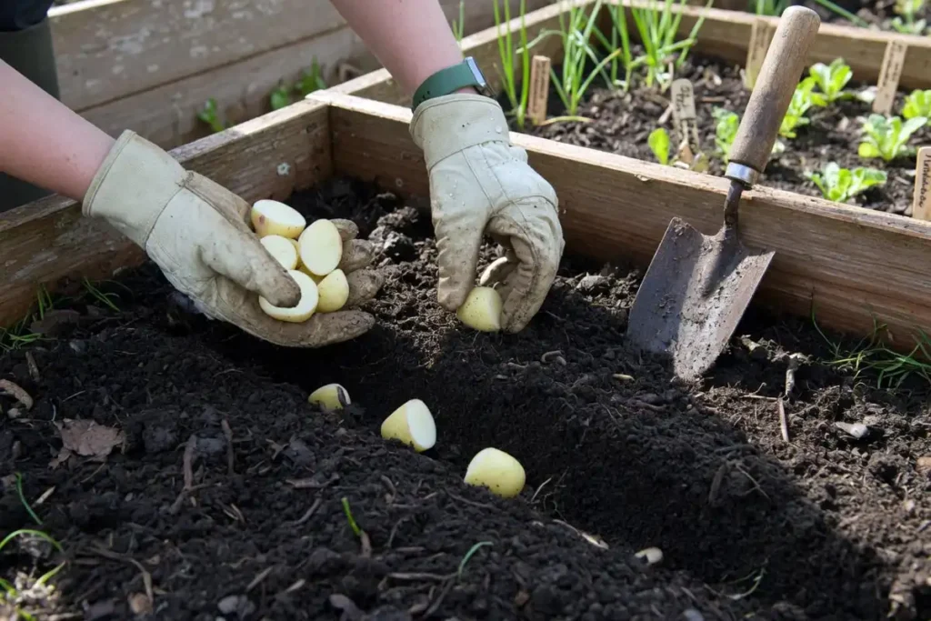 Gardener placing seed potatoes in a prepared furrow