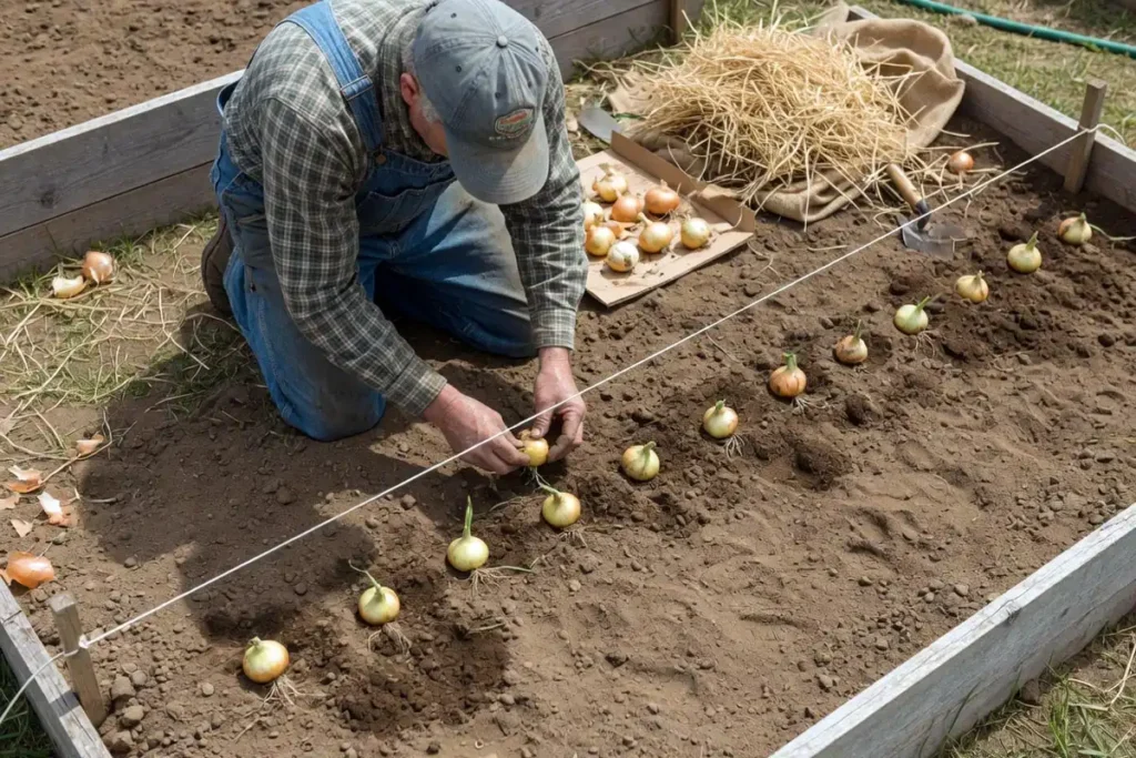 Farmer planting onion sets in straight rows