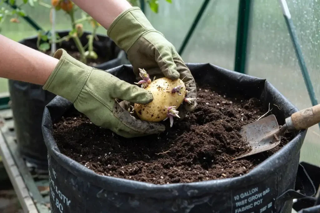Gardener planting seed potato in grow bag inside greenhouse