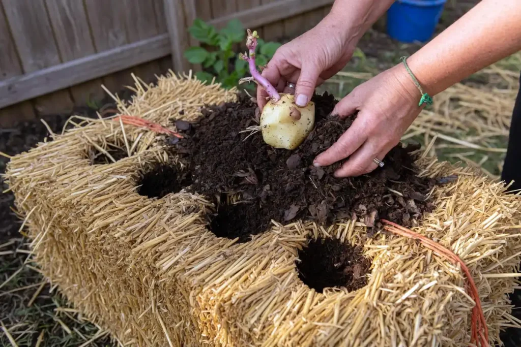 Seed potato placed into a compost-filled straw bale pocket