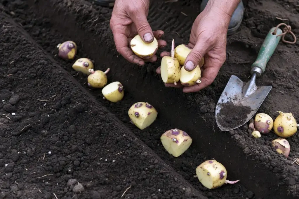 Farmer placing cut seed potato pieces into a garden trench