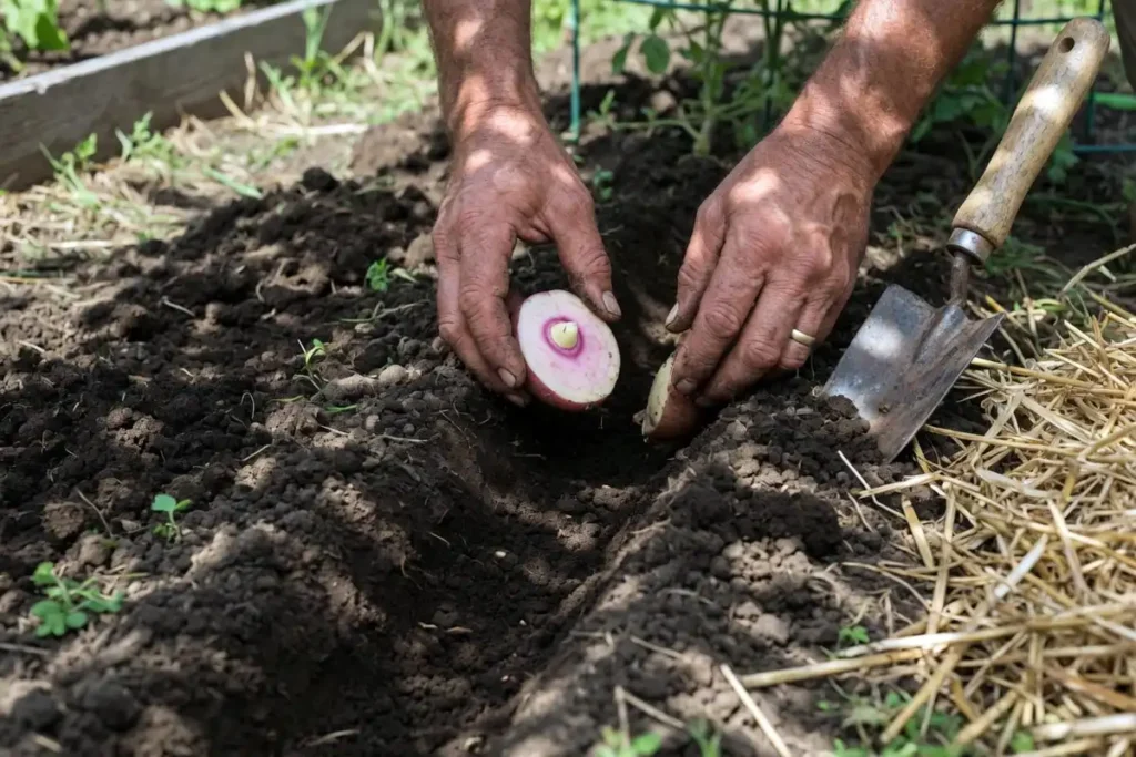 Farmer planting seed potato pieces in prepared garden soil
