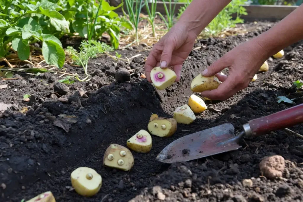 Gardener planting certified seed potato pieces in a garden trench