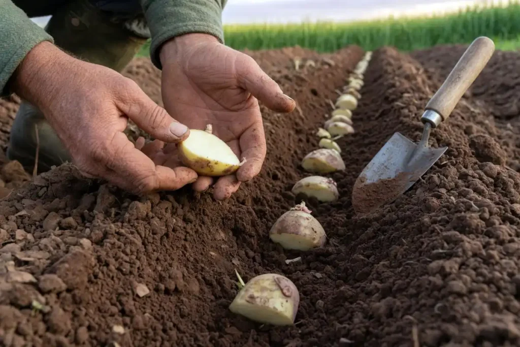 Planting cut seed potatoes in a garden trench