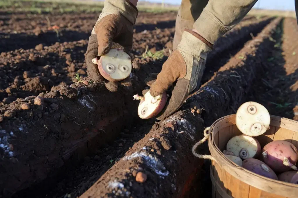 Farmer placing cut seed potato into a shallow planting trench