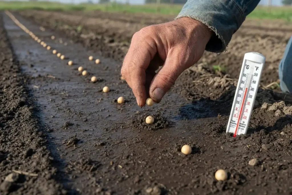 Farmer planting egyptian wheat seeds at correct depth in tilled seedbed