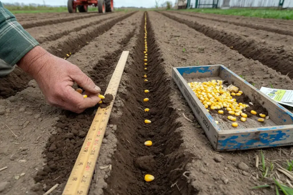 Farmer hand-planting sweet corn seeds in spaced rows