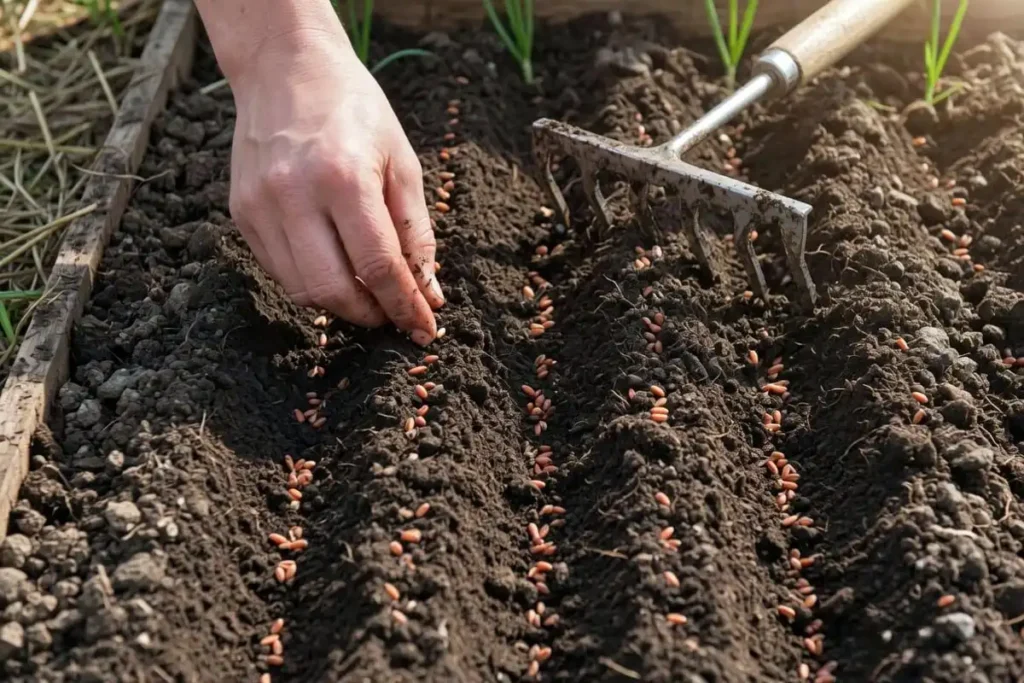 Farmer sowing wheat seed into prepared garden furrow