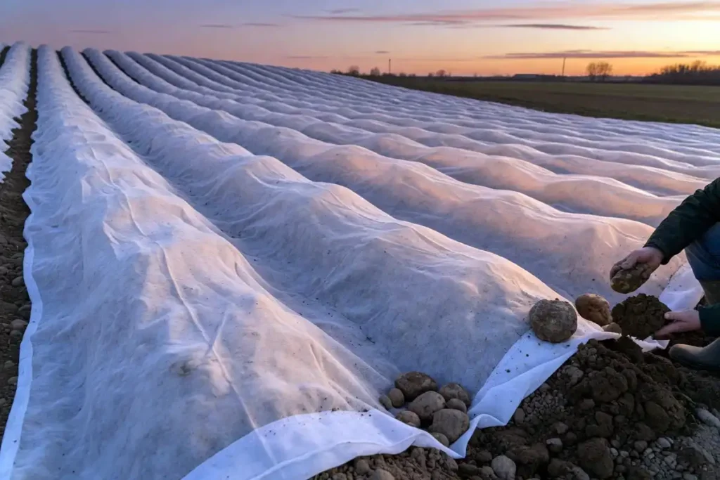 Farmer covering potato rows with frost protection fabric