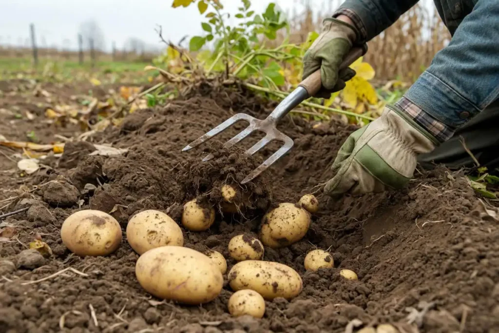 Digging potatoes gently with a garden fork