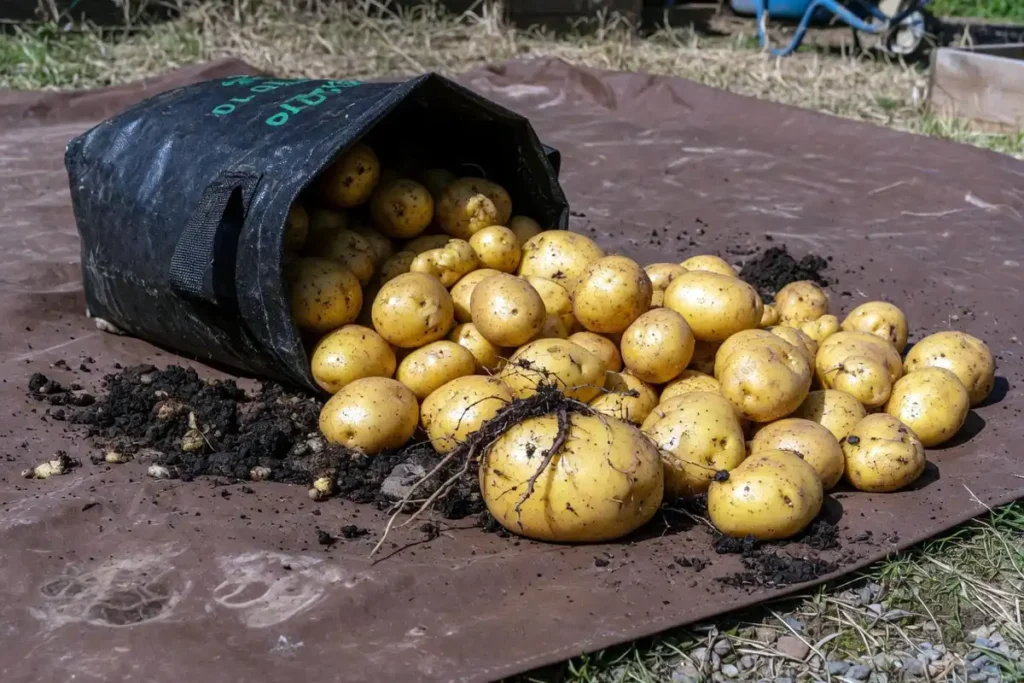 Freshly harvested potatoes tipped from a fabric bag