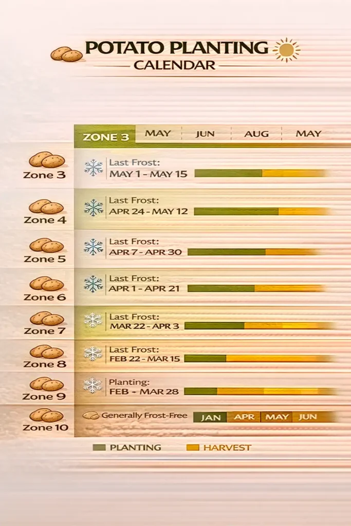 Potato planting timing by USDA hardiness zone