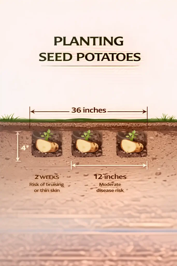 Infographic showing correct planting depth and spacing for potatoes