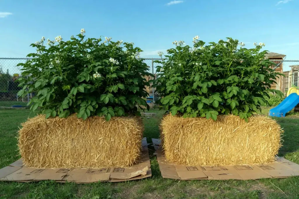 Healthy potato plants blooming on top of straw bales