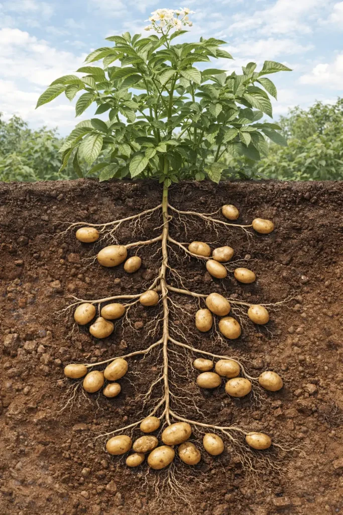 Cross-section of potato plant with tuber layers forming along buried stem