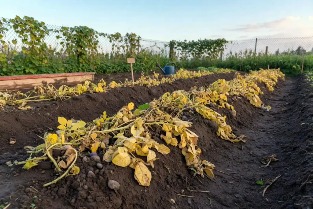 Dying potato vines signaling harvest window