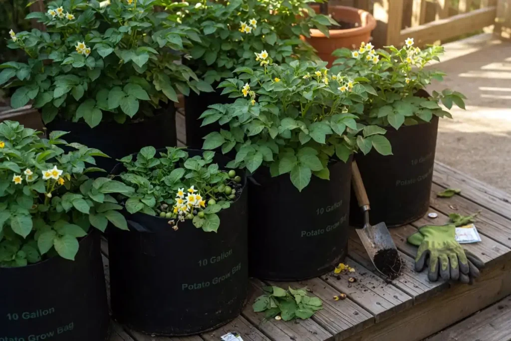 Potato plants grown in fabric grow bags on patio