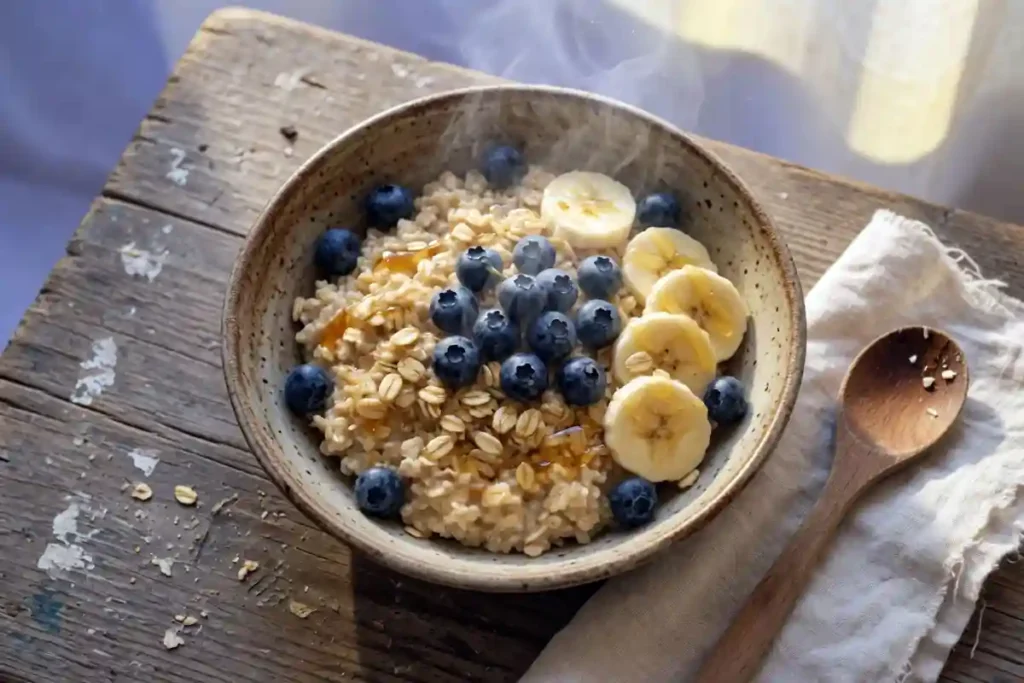 Bowl of cooked rolled oats with fresh fruit on a wooden table