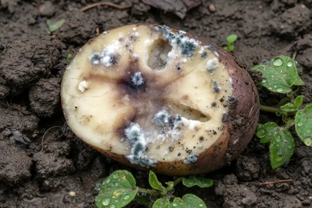 Rotten potato seed piece showing rot damage in cold wet soil