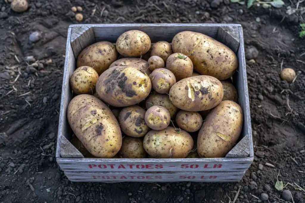 Freshly harvested Russet Burbank potatoes in a rustic wooden crate