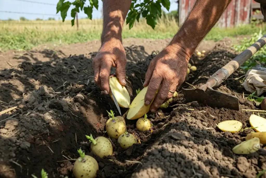 Farmer placing cut seed potato pieces in a trench