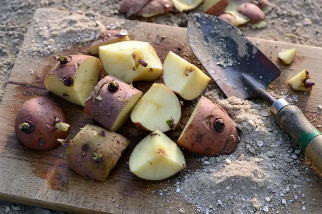 Cut seed potato pieces curing before planting in sandy soil