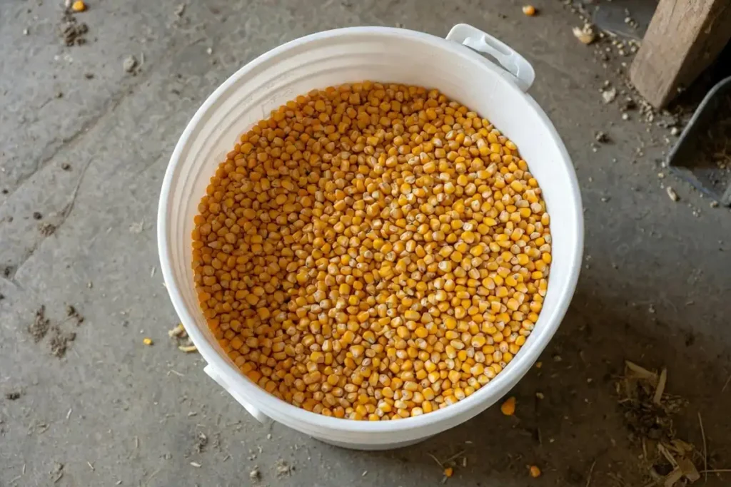 Shelled corn filled to the rim of a 5 gallon bucket