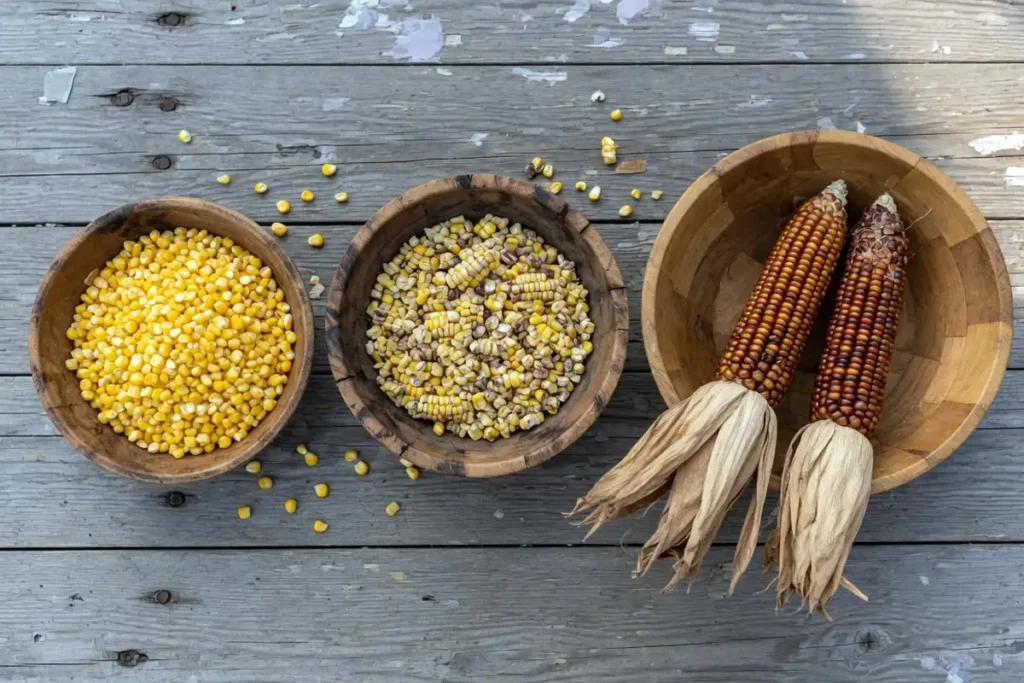 Shelled corn cracked corn and ear corn side by side