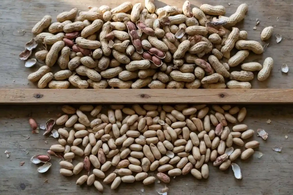 Shelled kernels next to in-shell peanuts for weight comparison