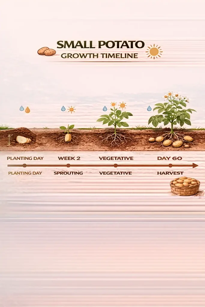 Timeline infographic showing small potato growth stages from planting to harvest